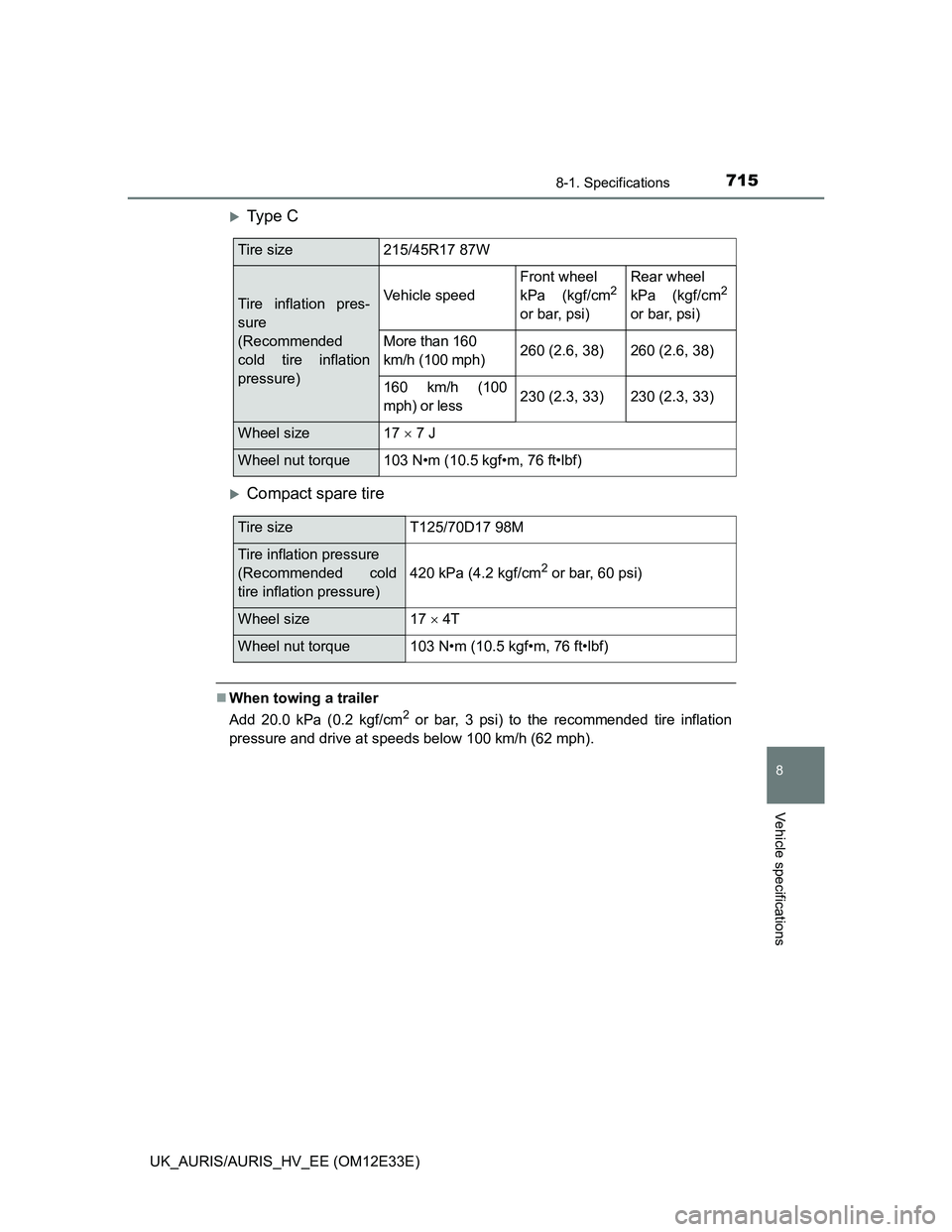 TOYOTA AURIS 2012  Owners Manual (in English) 7158-1. Specifications
UK_AURIS/AURIS_HV_EE (OM12E33E)
8
Vehicle specifications
Ty p e  C
Compact spare tire
When towing a trailer
Add 20.0 kPa (0.2 kgf/cm
2 or bar, 3 psi) to the recommended