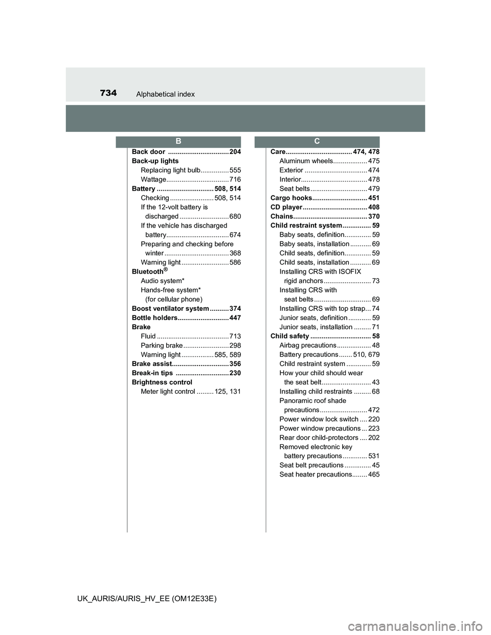 TOYOTA AURIS 2012  Owners Manual (in English) 734Alphabetical index
UK_AURIS/AURIS_HV_EE (OM12E33E)
Back door  ................................ 204
Back-up lights
Replacing light bulb............... 555
Wattage................................. 71