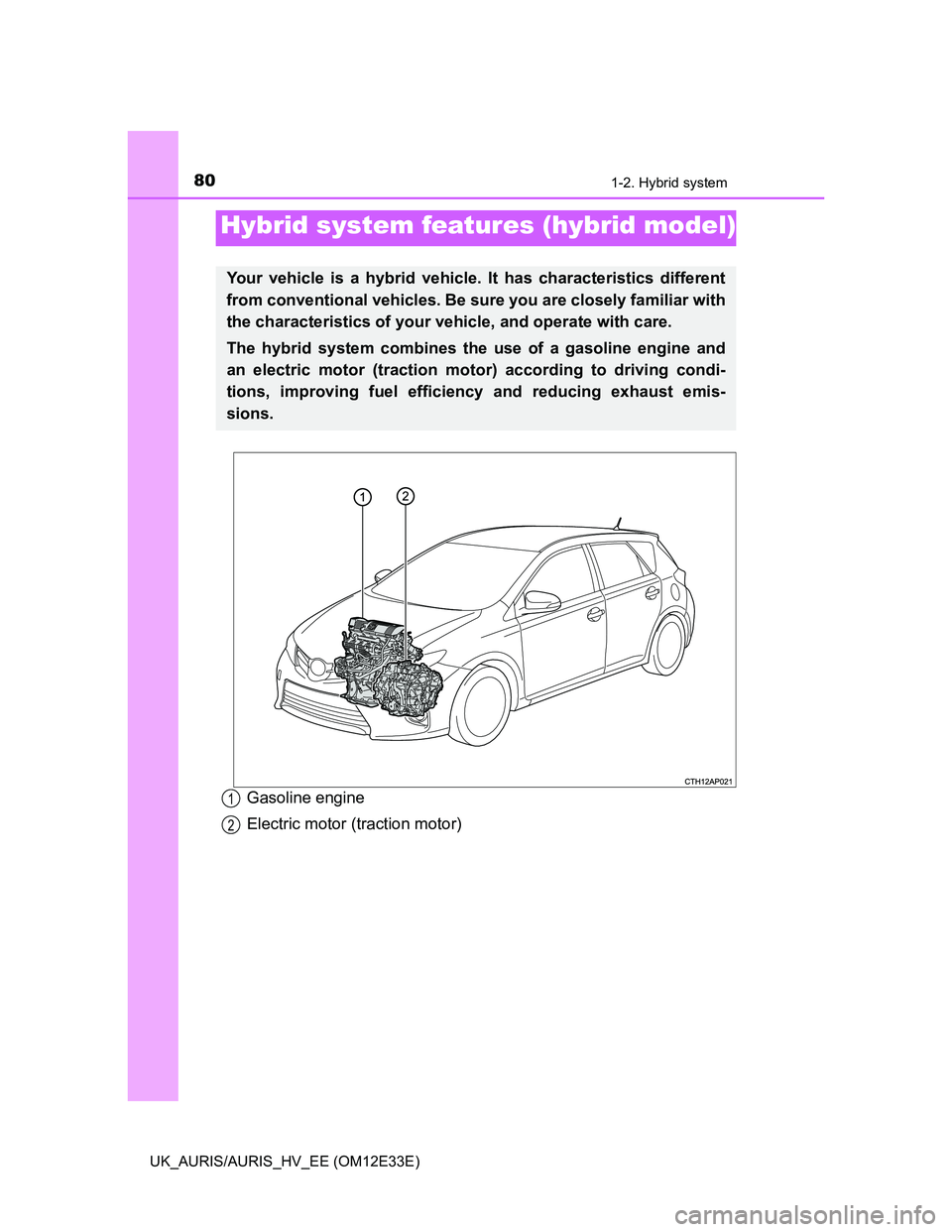 TOYOTA AURIS 2012  Owners Manual (in English) 80
UK_AURIS/AURIS_HV_EE (OM12E33E)
1-2. Hybrid system
Gasoline engine
Electric motor (traction motor)
Hybrid system features (hybrid model)
Your vehicle is a hybrid vehicle. It has characteristics dif