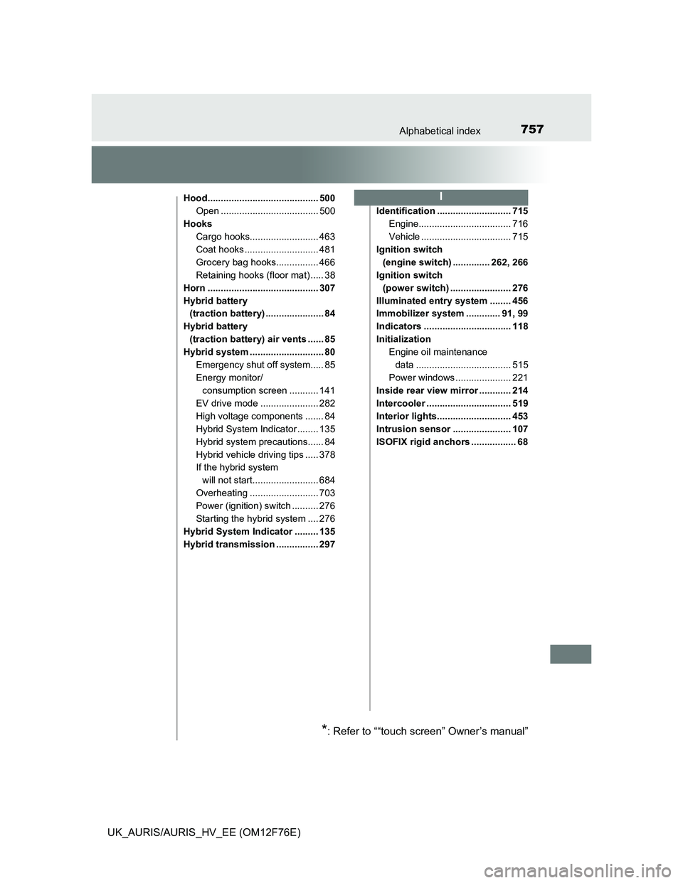 TOYOTA AURIS 2013 Owners Manual (in English) 757Alphabetical index
UK_AURIS/AURIS_HV_EE (OM12F76E)
Hood.......................................... 500
Open ..................................... 500
Hooks
Cargo hooks.......................... 463
TOYOTA AURIS 2013 Owners Manual (in English) 757Alphabetical index
UK_AURIS/AURIS_HV_EE (OM12F76E)
Hood.......................................... 500
Open ..................................... 500
Hooks
Cargo hooks.......................... 463