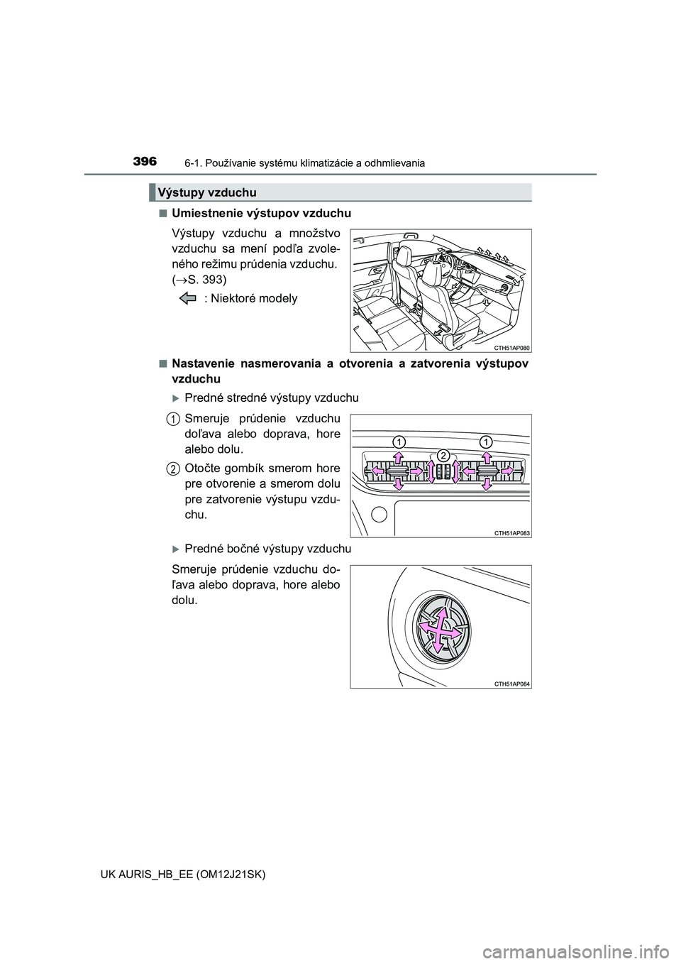 TOYOTA AURIS 2016  Návod na použitie (in Slovakian) 3966-1. Používanie systému klimatizácie a odhmlievania
UK AURIS_HB_EE (OM12J21SK)■
Umiestnenie výstupov vzduchu
Výstupy vzduchu a množstvo
vzduchu sa mení podľa zvole-
ného režimu prúden