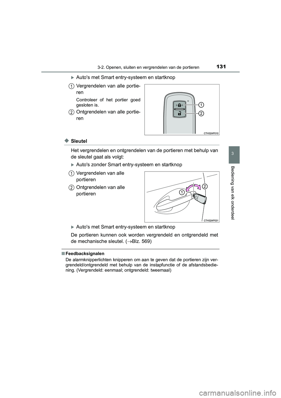 TOYOTA AURIS 2016  Instructieboekje (in Dutch) 1313-2. Openen, sluiten en vergrendelen van de portieren
UK AURIS_HB_EE (OM12J21E)
3
Bediening van elk onderdeel
Autos met Smart entry-systeem en startknop
Vergrendelen van alle portie-
ren
Contro