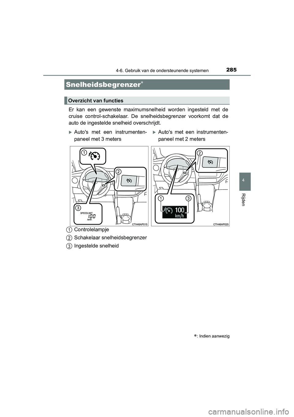 TOYOTA AURIS 2016  Instructieboekje (in Dutch) 2854-6. Gebruik van de ondersteunende systemen
UK AURIS_HB_EE (OM12J21E)
4
Rijden
Er kan een gewenste maximumsnelheid worden ingesteld met de
cruise control-schakelaar. De snelheidsbegrenzer voorkomt 