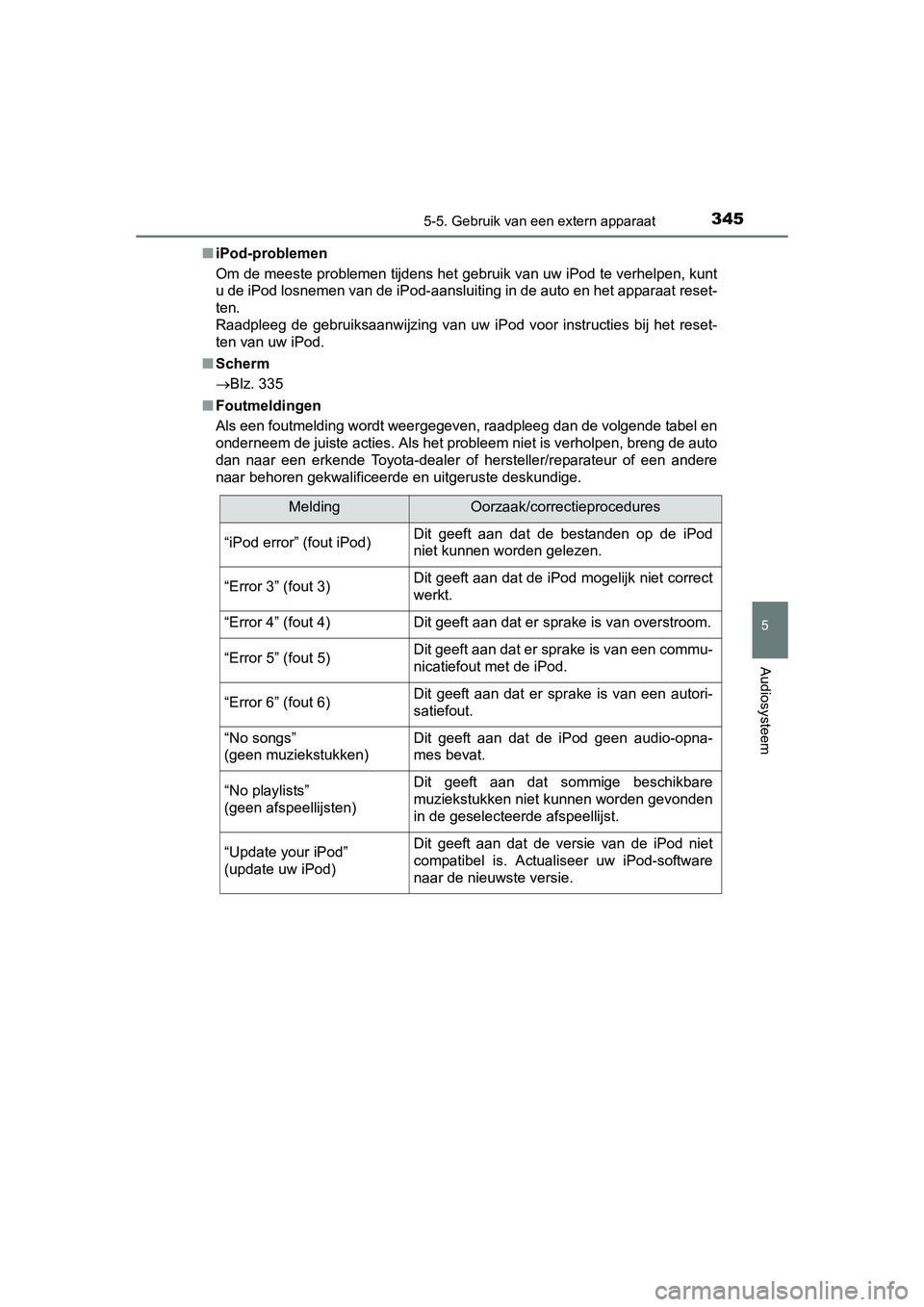 TOYOTA AURIS 2016  Instructieboekje (in Dutch) 3455-5. Gebruik van een extern apparaat
UK AURIS_HB_EE (OM12J21E)
5
Audiosysteem
■iPod-problemen
Om de meeste problemen tijdens het gebruik van uw iPod te verhelpen, kunt
u de iPod losnemen van de i