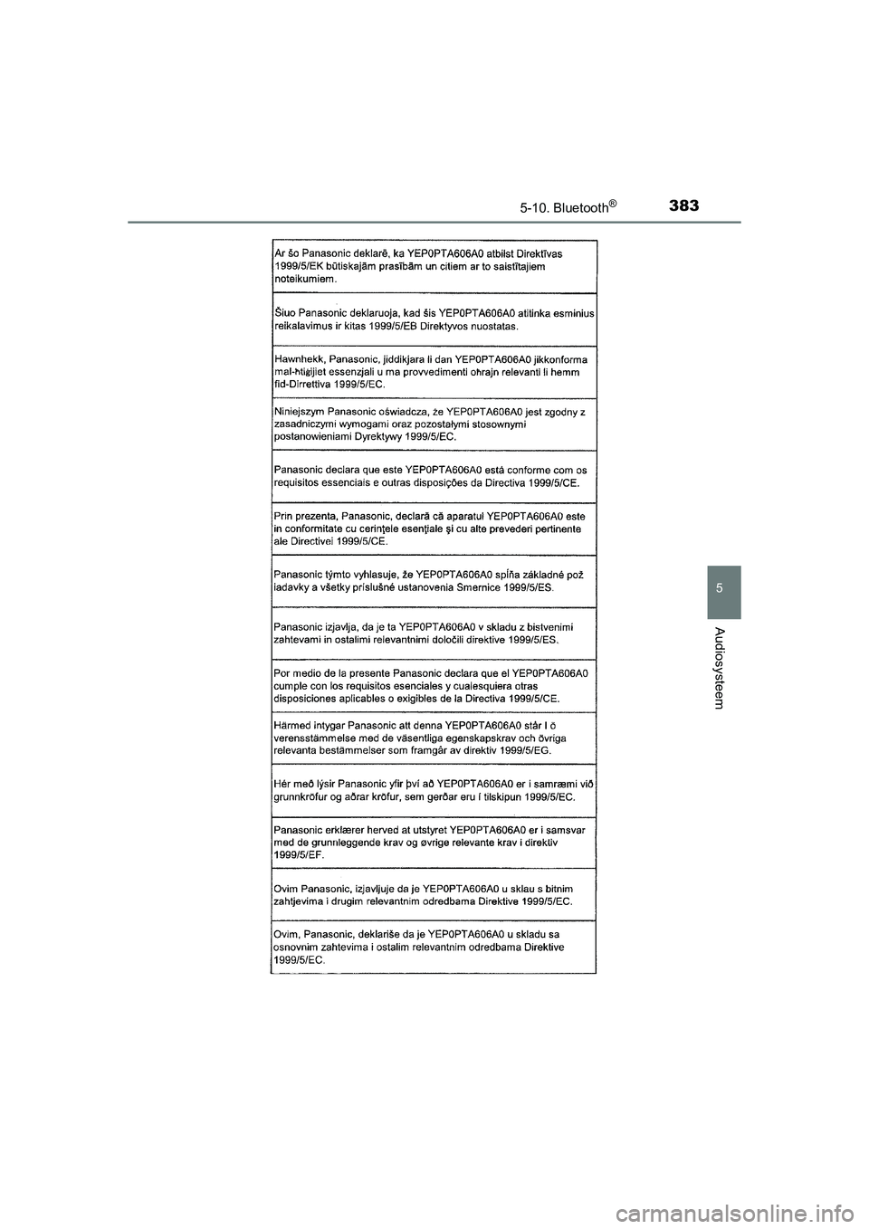 TOYOTA AURIS 2016  Instructieboekje (in Dutch) 3835-10. Bluetooth®
UK AURIS_HB_EE (OM12J21E)
5
Audiosysteem
UK AURIS_HB_OM_EE_OM12J21E.book  Page 383  Monday, March 16, 2015  12:05 PM 