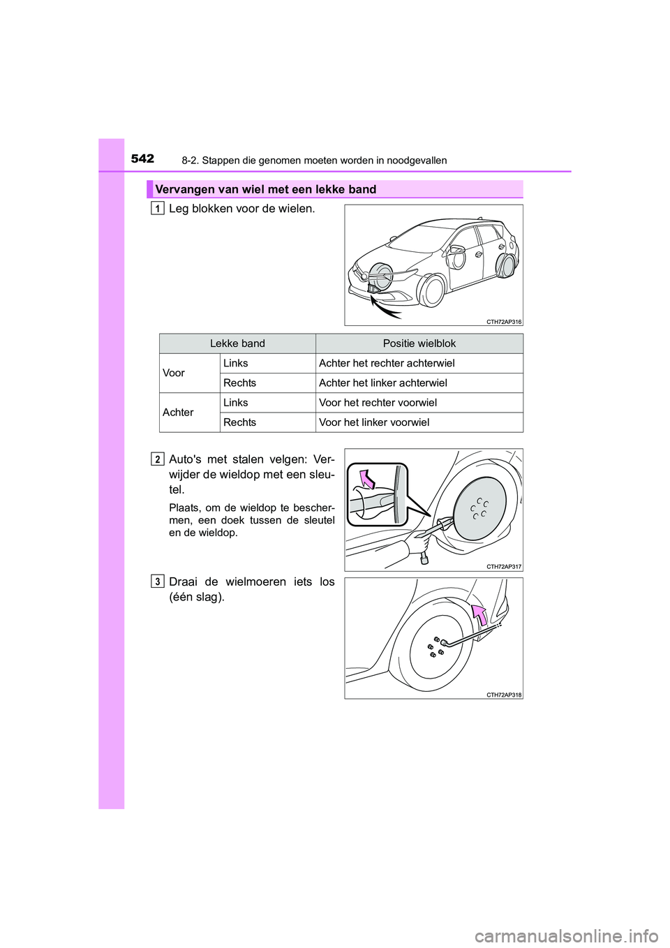 TOYOTA AURIS 2016  Instructieboekje (in Dutch) 5428-2. Stappen die genomen moeten worden in noodgevallen
UK AURIS_HB_EE (OM12J21E)
Leg blokken voor de wielen.
Autos met stalen velgen: Ver-
wijder de wieldop met een sleu-
tel.
Plaats, om de wieldo