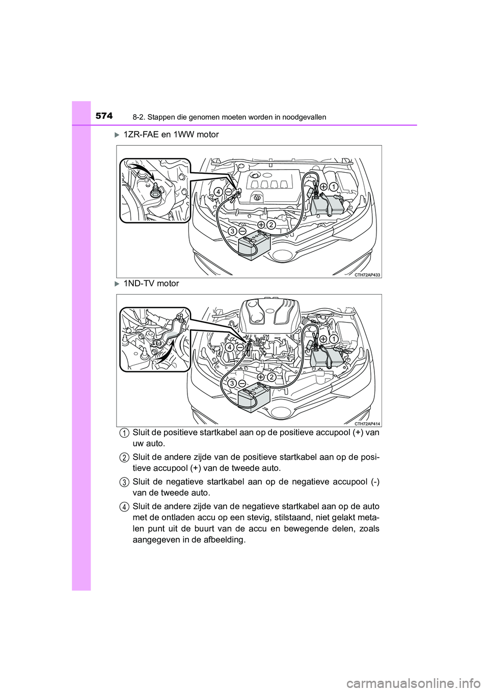 TOYOTA AURIS 2016  Instructieboekje (in Dutch) 5748-2. Stappen die genomen moeten worden in noodgevallen
UK AURIS_HB_EE (OM12J21E)
1ZR-FAE en 1WW motor
1ND-TV motorSluit de positieve startkabel aan op de positieve accupool (+) van
uw auto.
S