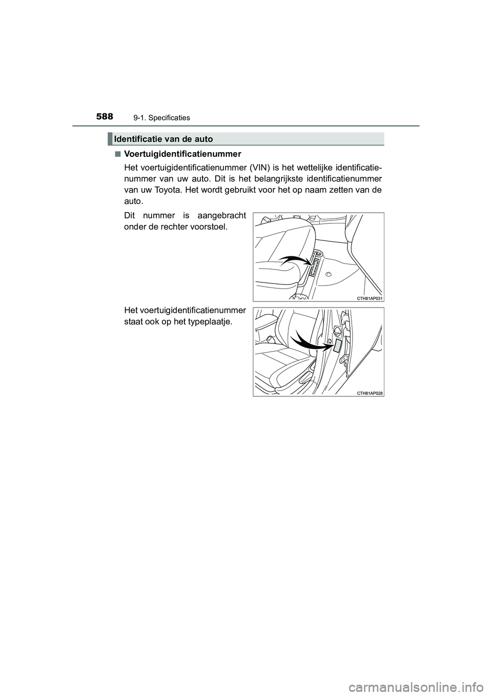TOYOTA AURIS 2016  Instructieboekje (in Dutch) 5889-1. Specificaties
UK AURIS_HB_EE (OM12J21E)■
Voertuigidentificatienummer
Het voertuigidentificatienummer (VIN
) is het wettelijke identificatie-
nummer van uw auto. Dit is het belangrijkste iden