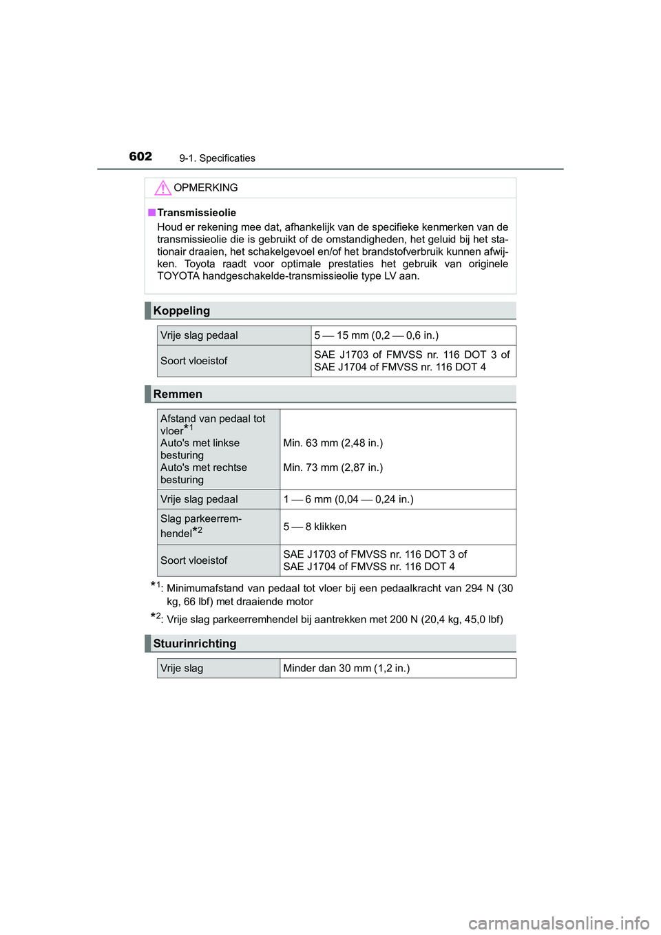 TOYOTA AURIS 2016 Instructieboekje (in Dutch) 6029-1. Specificaties
UK AURIS_HB_EE (OM12J21E)
*1: Minimumafstand van pedaal tot vloer bij een pedaalkracht van 294 N (30kg, 66 lbf) met draaiende motor
*2: Vrije slag parkeerremhendel bij aantrekken TOYOTA AURIS 2016 Instructieboekje (in Dutch) 6029-1. Specificaties
UK AURIS_HB_EE (OM12J21E)
*1: Minimumafstand van pedaal tot vloer bij een pedaalkracht van 294 N (30kg, 66 lbf) met draaiende motor
*2: Vrije slag parkeerremhendel bij aantrekken