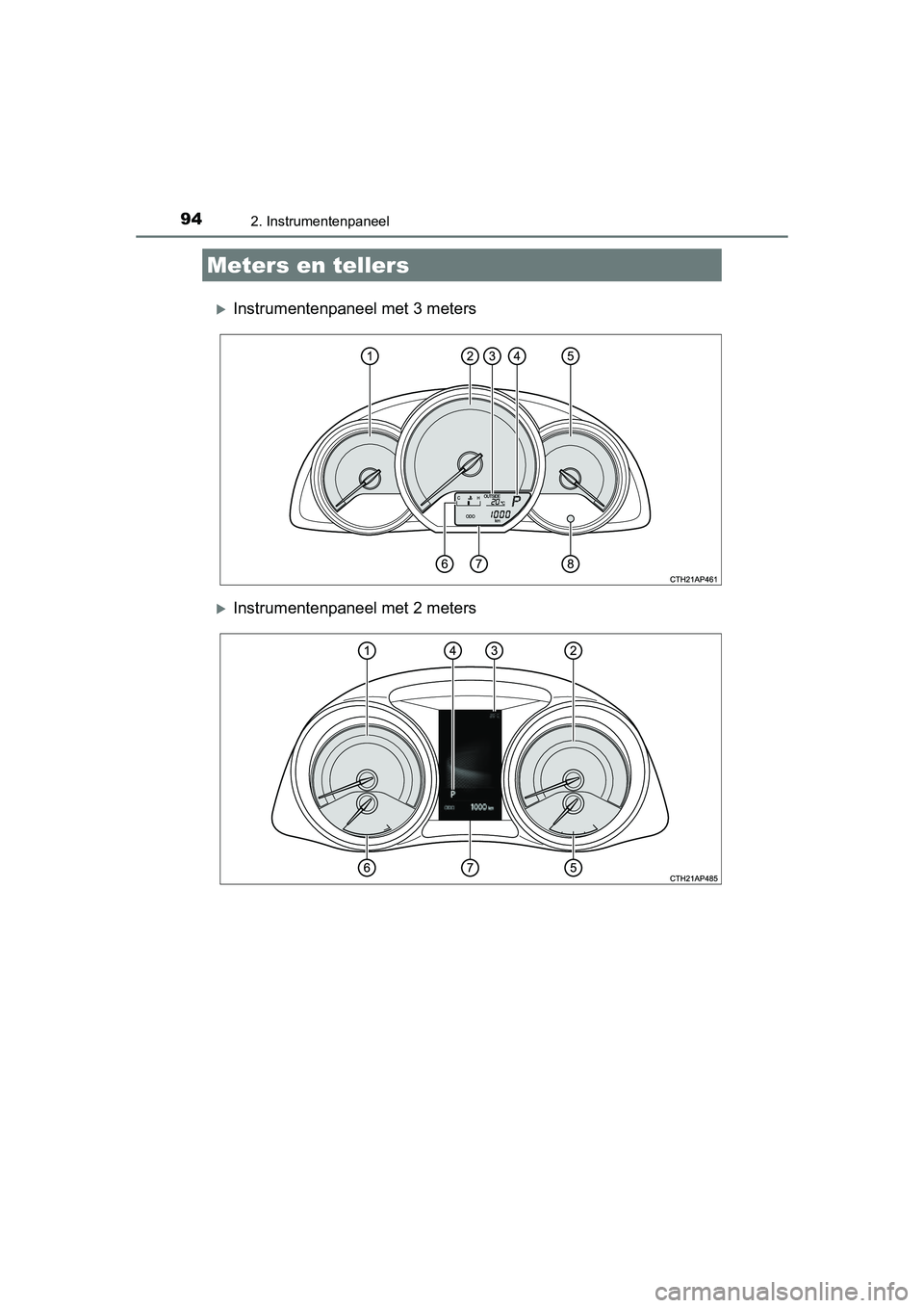 TOYOTA AURIS 2016  Instructieboekje (in Dutch) 942. Instrumentenpaneel
UK AURIS_HB_EE (OM12J21E)
Instrumentenpaneel met 3 meters
Instrumentenpaneel met 2 meters
Meters en tellers
UK AURIS_HB_OM_EE_OM12J21E.book  Page 94  Monday, March 16, 20