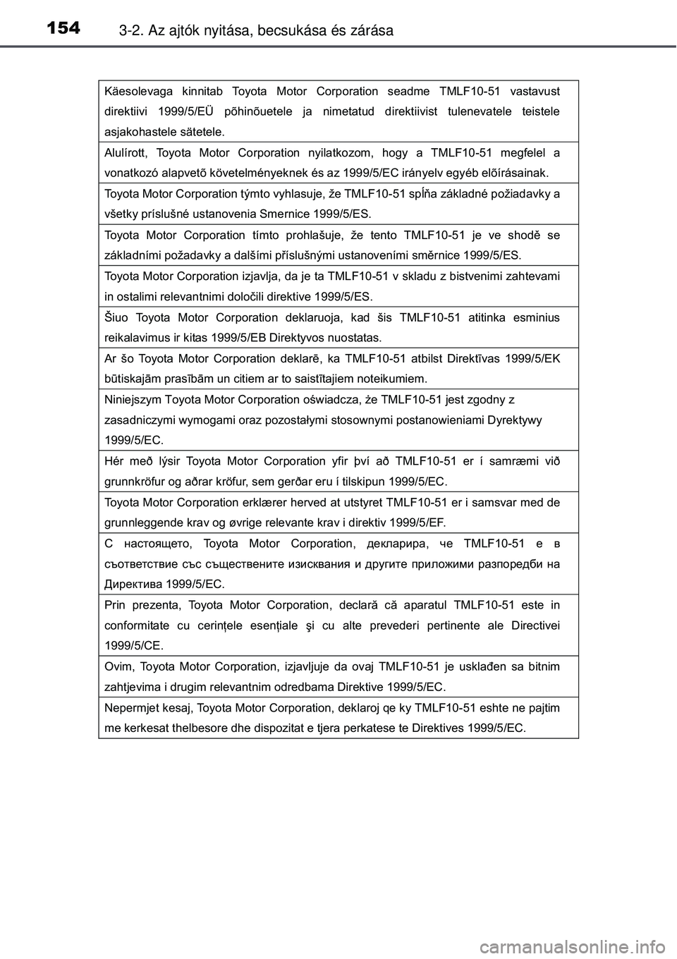 TOYOTA AURIS 2016  Kezelési útmutató (in Hungarian) 1543-2. Az ajtók nyitása, becsukása és zárása
Käesolevaga kinnitab Toyota Motor Corporation seadme TMLF10-51 vastavust 
direktiivi 1999/5/EÜ põhinõuetele ja nimetatud direktiivist tulenevate