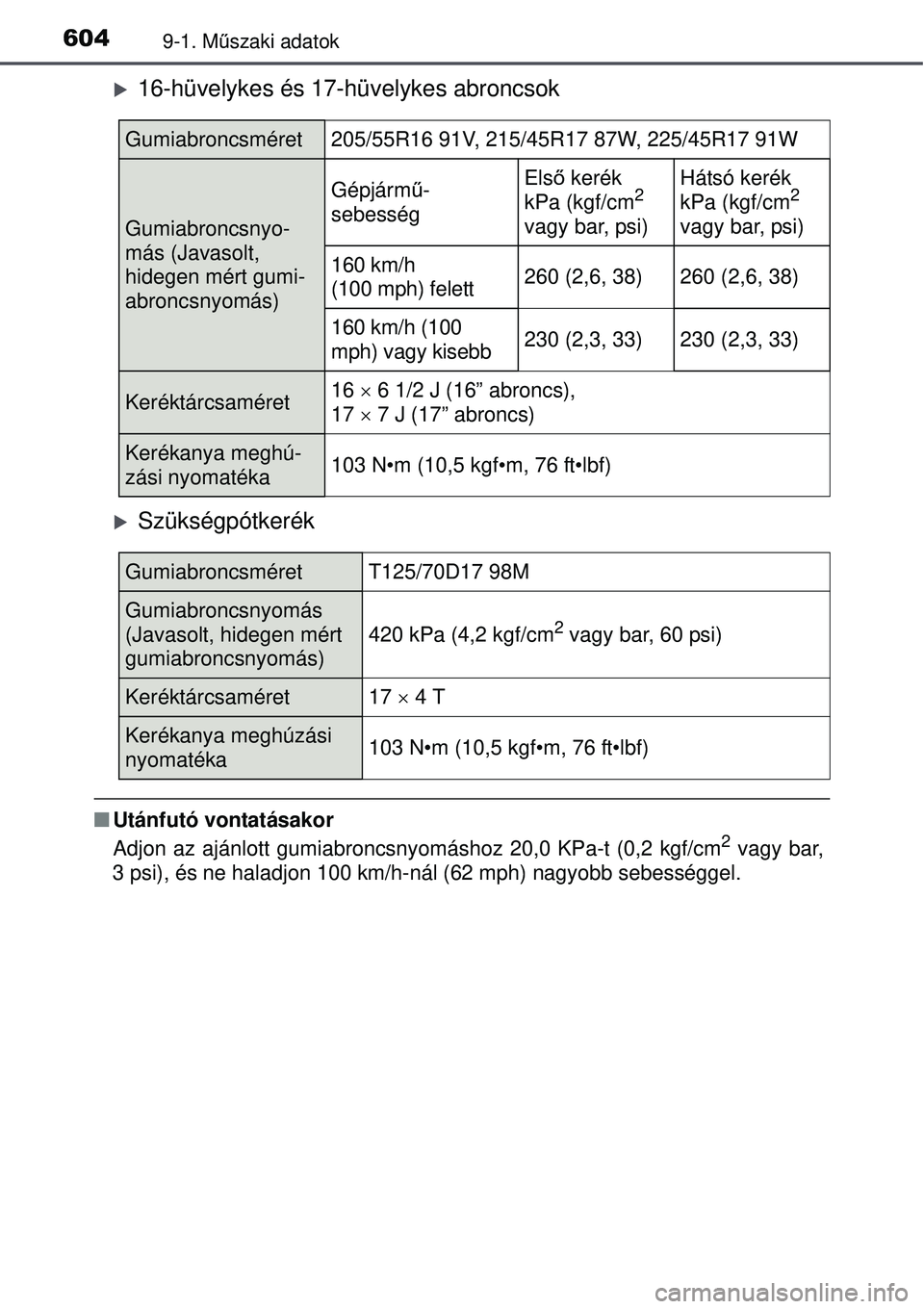 TOYOTA AURIS 2016  Kezelési útmutató (in Hungarian) 6049-1. Műszaki adatok
16-hüvelykes és 17-hüvelykes abroncsok
Szükségpótkerék
 Utánfutó vontatásakor
Adjon az ajánlott gumiabroncsnyo máshoz 20,0 KPa-t (0,2 kgf/cm2 vagy bar,
3 p