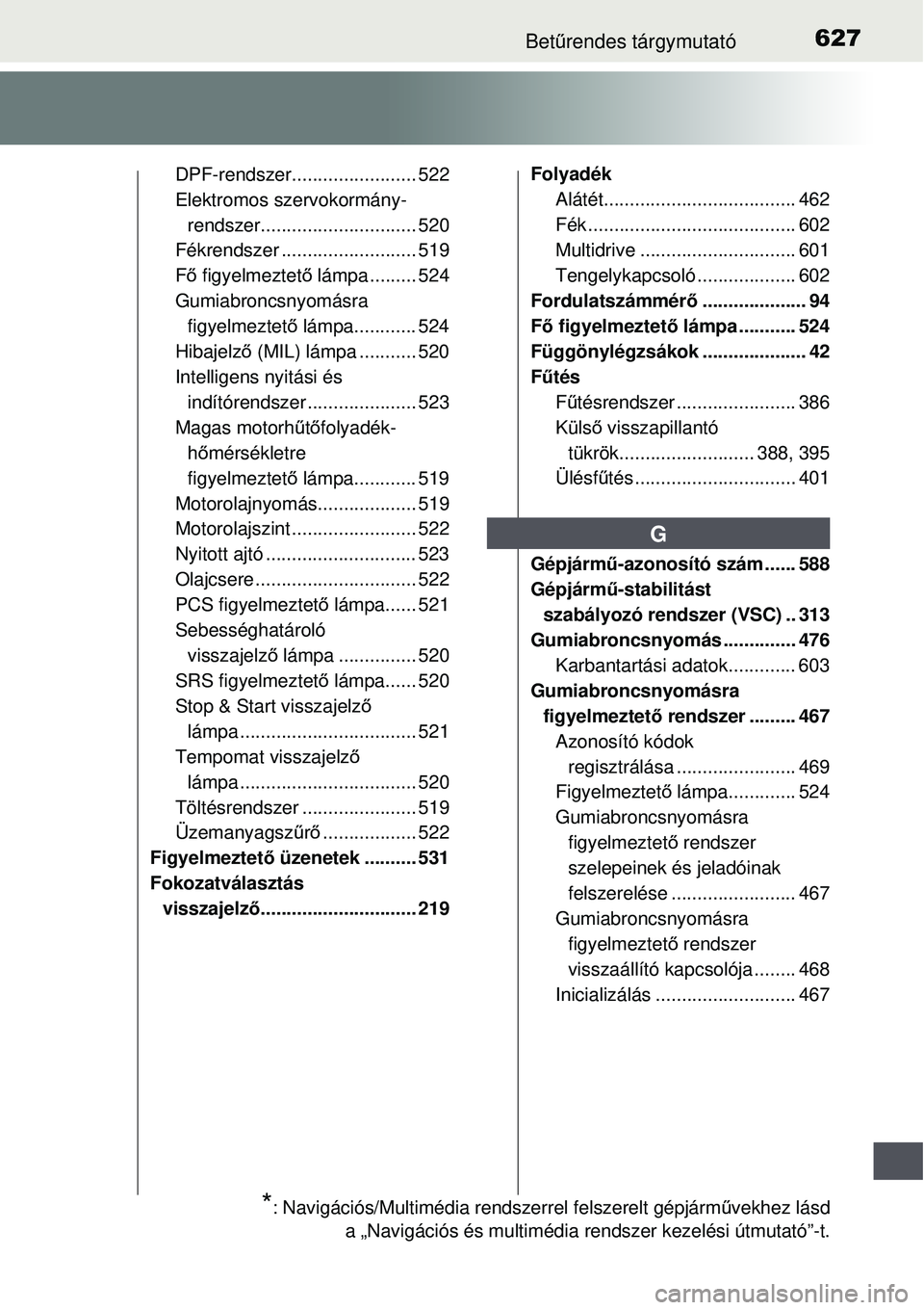 TOYOTA AURIS 2016  Kezelési útmutató (in Hungarian) 627Betűrendes tárgymutató
DPF-rendszer........................ 522
Elektromos szervokormány-
rendszer.......... .................... 520
Fékrendszer ...... .................... 519
Fő  figyelmez