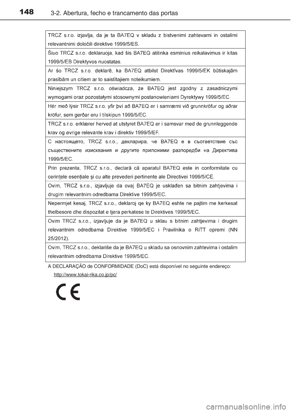 TOYOTA AURIS 2016  Manual de utilização (in Portuguese) 1483-2. Abertura, fecho e trancamento das portas
A DECLARAÇÃO de CONFORMIDADE (DoC) está disponível no seguinte endereço:
http://www.tokai-rika.co.jp/pc/ 