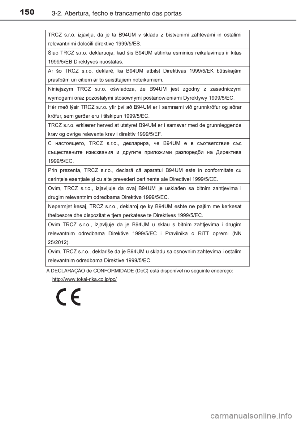 TOYOTA AURIS 2016  Manual de utilização (in Portuguese) 1503-2. Abertura, fecho e trancamento das portas
A DECLARAÇÃO de CONFORMIDADE (DoC) está disponível no seguinte endereço:
http://www.tokai-rika.co.jp/pc/ 