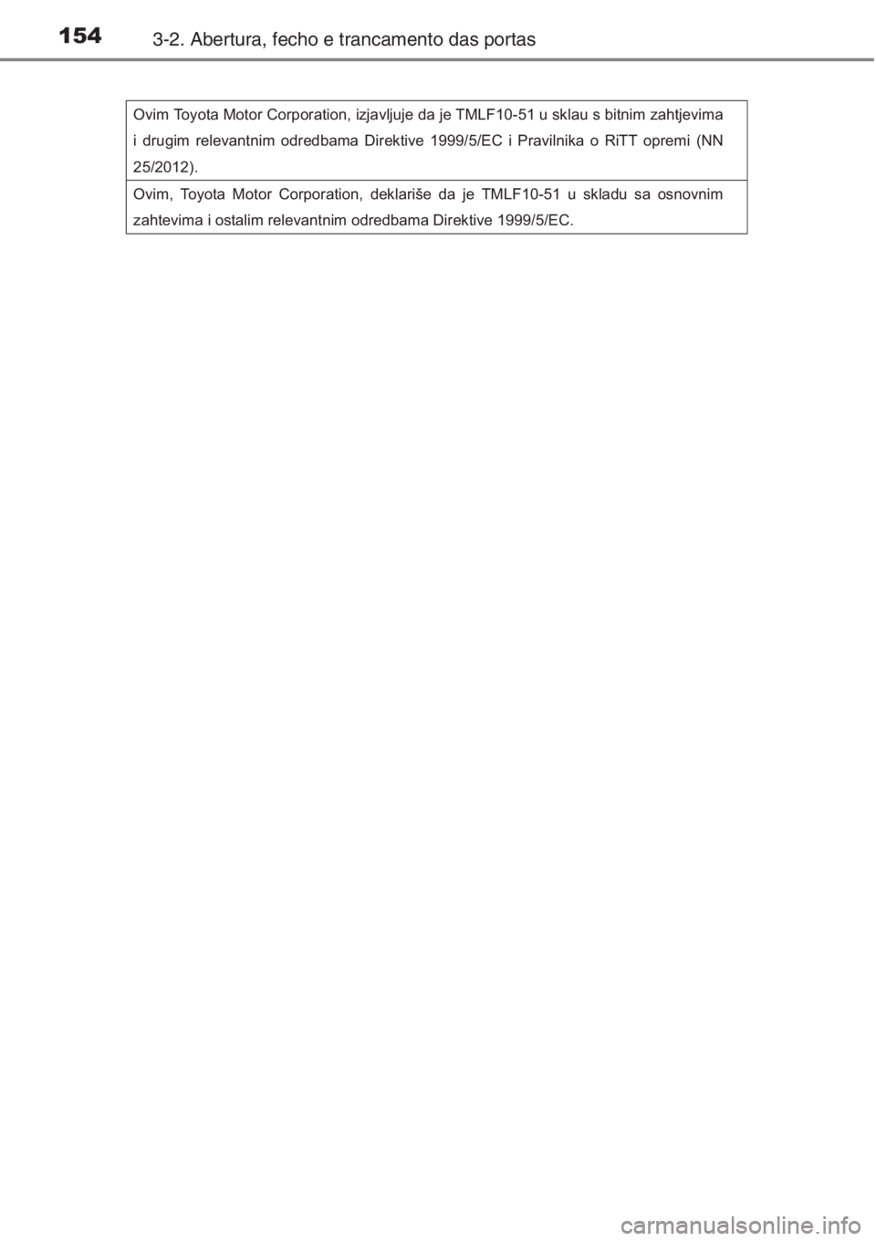 TOYOTA AURIS 2016  Manual de utilização (in Portuguese) 1543-2. Abertura, fecho e trancamento das portas
Ovim Toyota Motor Corporation, izjavljuje da je TMLF10-51 u sklau s bitnim zahtjevima 
i drugim relevantnim odredbama Direktive 1999/5/EC i Pravilnika 