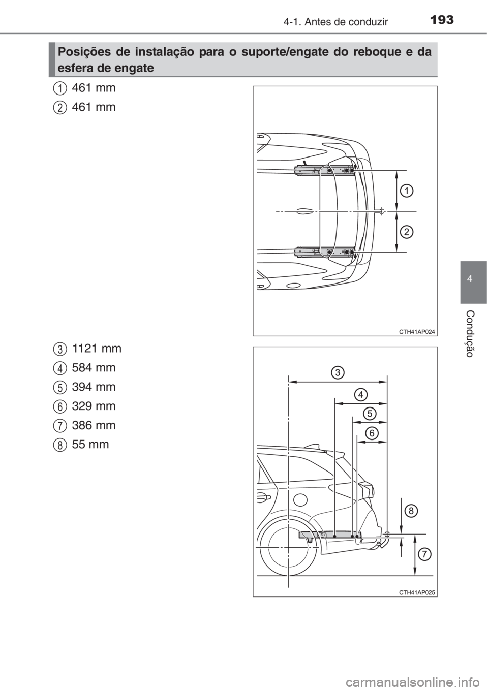 TOYOTA AURIS 2016  Manual de utilização (in Portuguese) 1934-1. Antes de conduzir
4
Condução
461 mm
461 mm 
1121 mm
584 mm 
394 mm 
329 mm 
386 mm
55 mm 
Posições de instalação para o suporte/engate do reboque e da
esfera de engate
1
2
3
4
5
6
7
8 