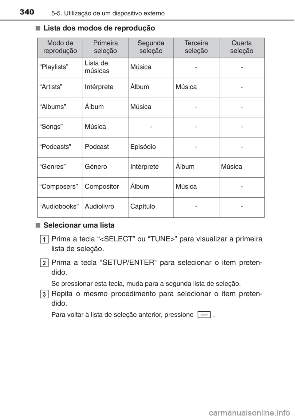 TOYOTA AURIS 2016  Manual de utilização (in Portuguese) 3405-5. Utilização de um dispositivo externo
■Lista dos modos de reprodução
■Selecionar uma lista
Prima a tecla “<SELECT” ou “TUNE>” para visualizar a primeira
lista de seleção.
Prim