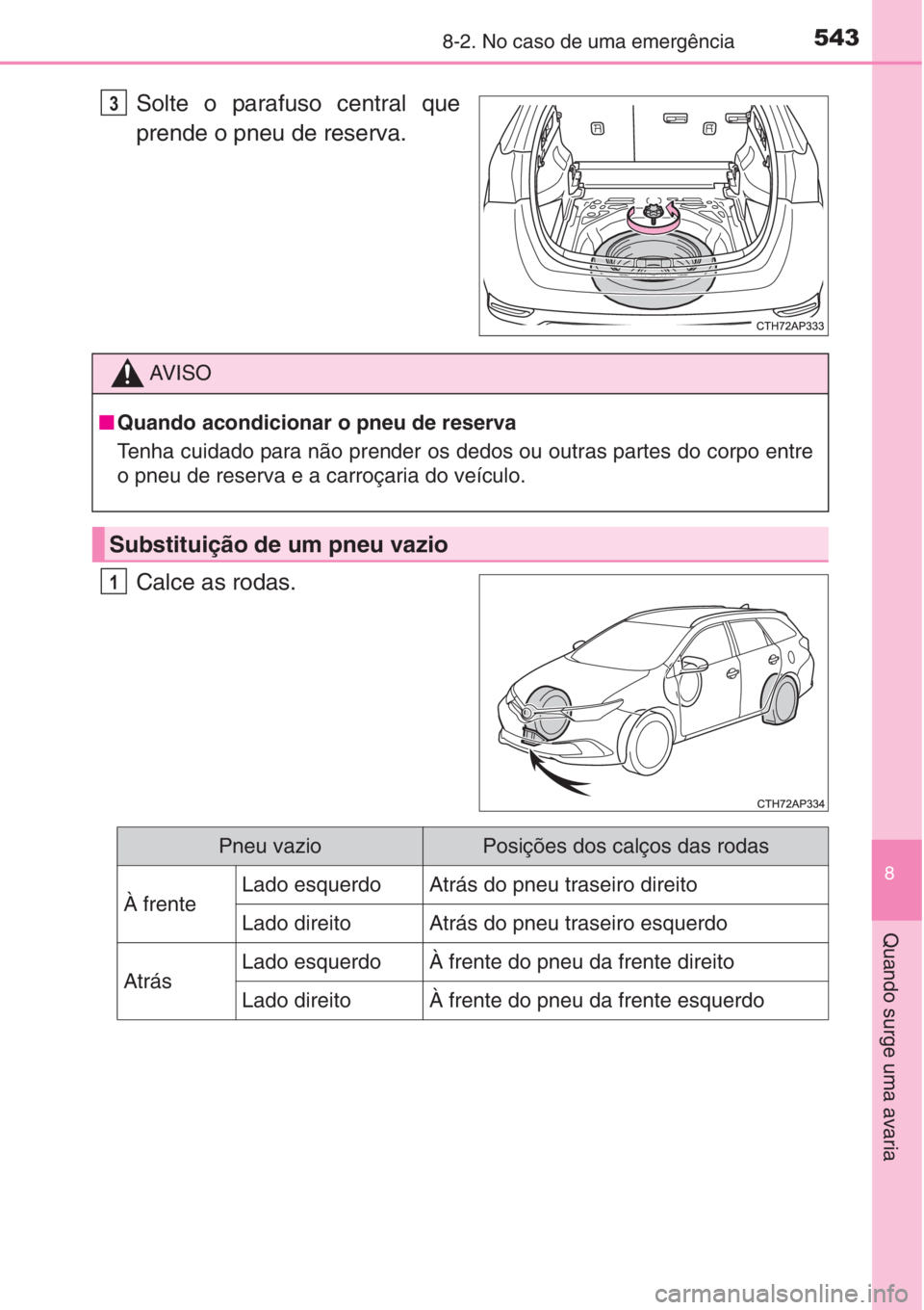 TOYOTA AURIS 2016  Manual de utilização (in Portuguese) 5438-2. No caso de uma emergência
8
Quando surge uma avaria
Solte o parafuso central que
prende o pneu de reserva.
Calce as rodas.3
AV I S O
■Quando acondicionar o pneu de reserva
Tenha cuidado par