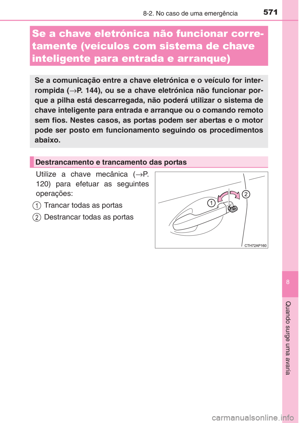TOYOTA AURIS 2016  Manual de utilização (in Portuguese) 5718-2. No caso de uma emergência
8
Quando surge uma avaria
Utilize a chave mecânica (→P.
120) para efetuar as seguintes
operações:
Trancar todas as portas
Destrancar todas as portas
Se a chave 