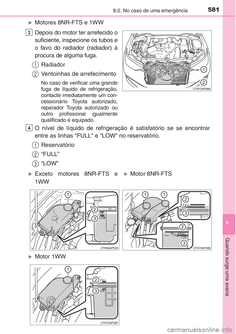 TOYOTA AURIS 2016  Manual de utilização (in Portuguese) 5818-2. No caso de uma emergência
8
Quando surge uma avaria
�XMotores 8NR-FTS e 1WW
Depois do motor ter arrefecido o
suficiente, inspecione os tubos e
o favo do radiador (radiador) à
procura de algu