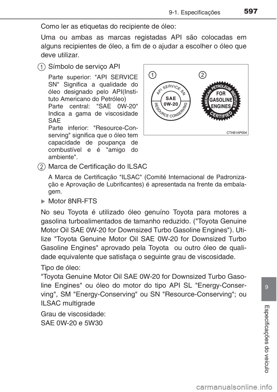 TOYOTA AURIS 2016  Manual de utilização (in Portuguese) 5979-1. Especificações
9
Especificações do veículo
Como ler as etiquetas do recipiente de óleo:
Uma ou ambas as marcas registadas API são colocadas em
alguns recipientes de óleo, a fim de o aj
