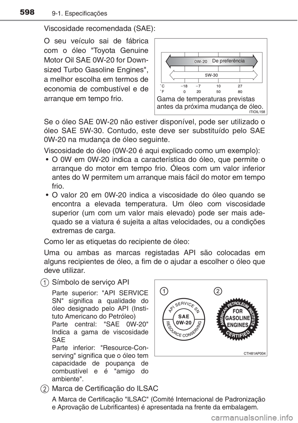 TOYOTA AURIS 2016  Manual de utilização (in Portuguese) 5989-1. Especificações
Viscosidade recomendada (SAE):
O seu veículo sai de fábrica
com o óleo "Toyota Genuine
Motor Oil SAE 0W-20 for Down-
sized Turbo Gasoline Engines",
a melhor escolha