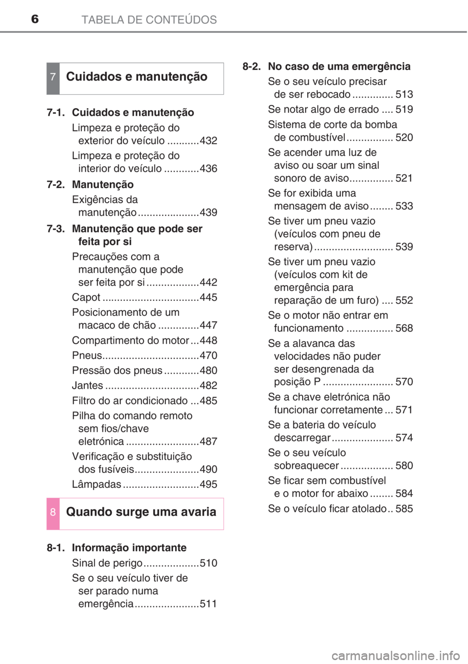 TOYOTA AURIS 2016 Manual de utilização (in Portuguese) TABELA DE CONTEÚDOS6
7-1. Cuidados e manutenção
Limpeza e proteção do
exterior do veículo ...........432
Limpeza e proteção do
interior do veículo ............436
7-2. Manutenção
Exigên TOYOTA AURIS 2016 Manual de utilização (in Portuguese) TABELA DE CONTEÚDOS6
7-1. Cuidados e manutenção
Limpeza e proteção do
exterior do veículo ...........432
Limpeza e proteção do
interior do veículo ............436
7-2. Manutenção
Exigên