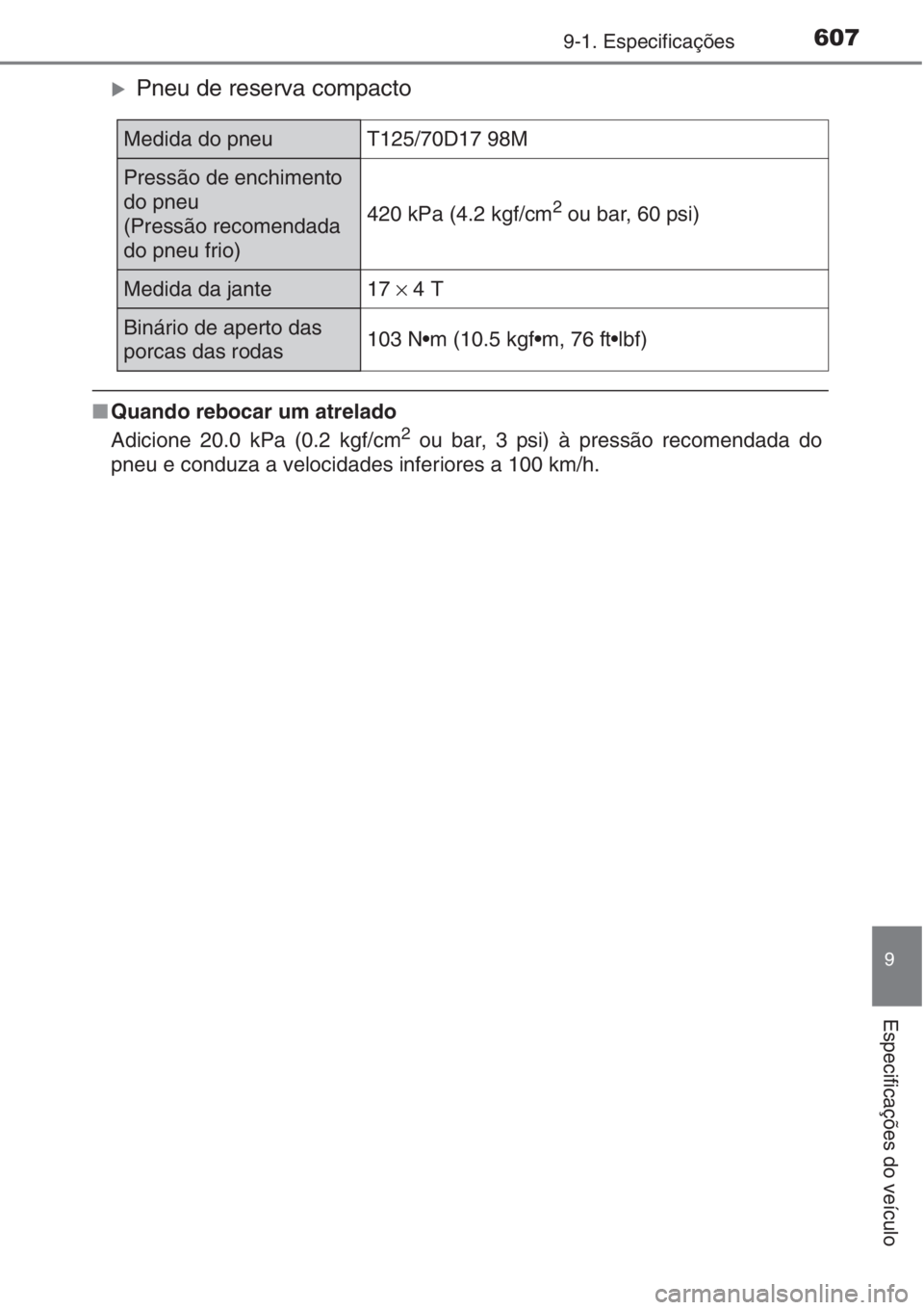 TOYOTA AURIS 2016  Manual de utilização (in Portuguese) 6079-1. Especificações
9
Especificações do veículo
�XPneu de reserva compacto
■Quando rebocar um atrelado
Adicione 20.0 kPa (0.2 kgf/cm2 ou bar, 3 psi) à pressão recomendada do
pneu e conduza