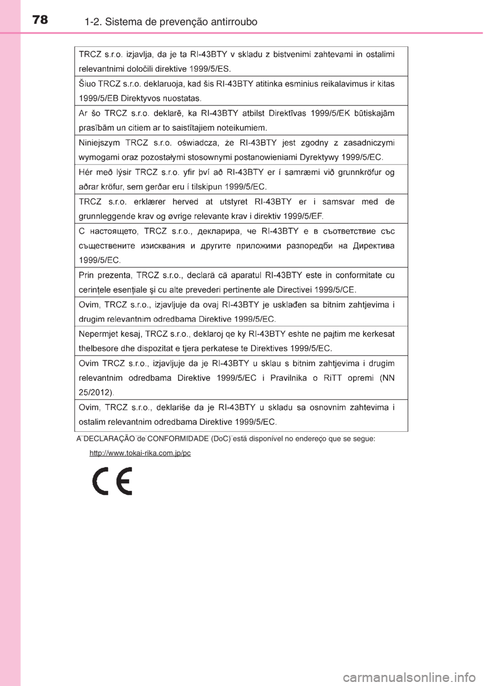 TOYOTA AURIS 2016  Manual de utilização (in Portuguese) 781-2. Sistema de prevenção antirroubo
A DECLARAÇÃO de CONFORMIDADE (DoC) está disponível no endereço que se segue:
http://www.tokai-rika.com.jp/pc 