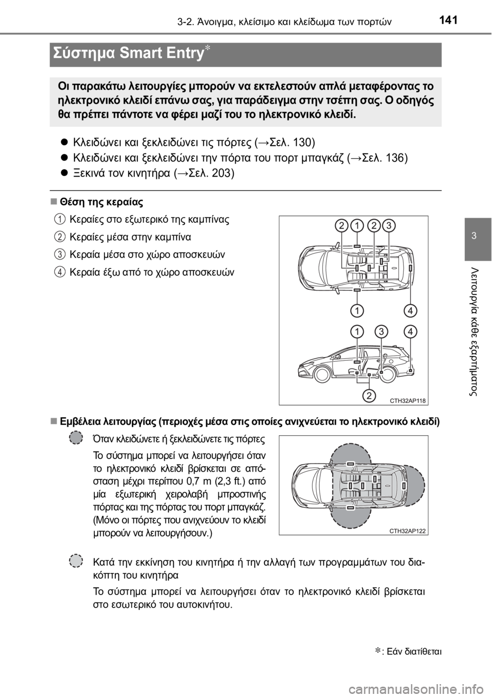 TOYOTA AURIS 2016  ΟΔΗΓΌΣ ΧΡΉΣΗΣ (in Greek) 1413-2. Άνοιγμα, κλείσιμο και κλείδωμα των πορτών
3
Λειτουργία κάθε εξαρτήματος
Κλειδώνει και ξεκλειδώνει τις 