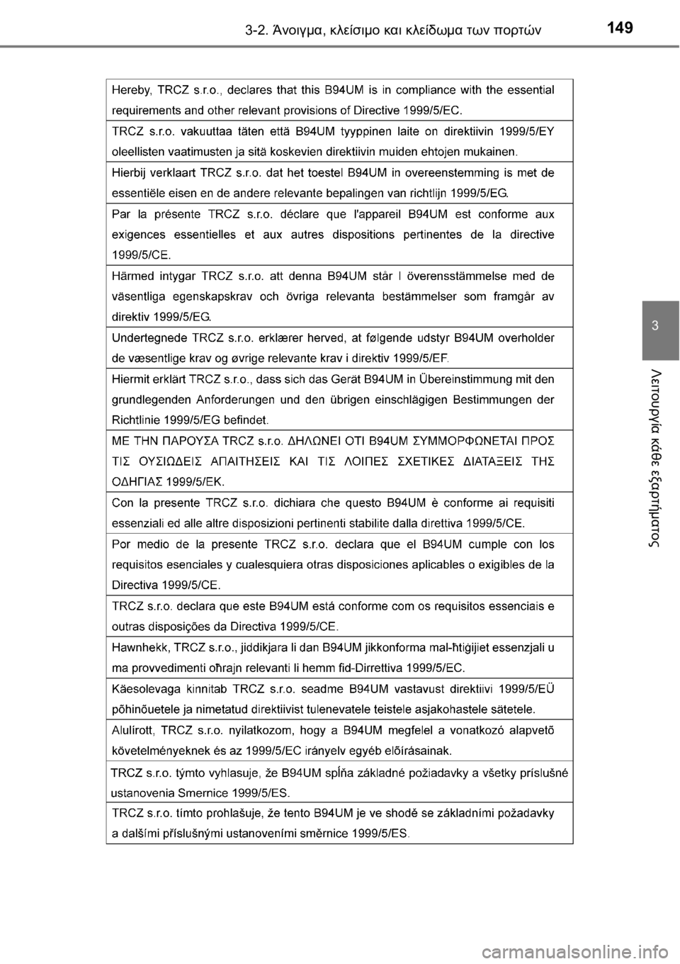 TOYOTA AURIS 2016  ΟΔΗΓΌΣ ΧΡΉΣΗΣ (in Greek) 1493-2. Άνοιγμα, κλείσιμο και κλείδωμα των πορτών
3
Λειτουργία κάθε εξαρτήματος 