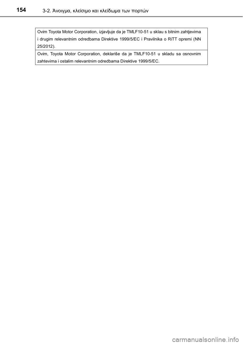 TOYOTA AURIS 2016  ΟΔΗΓΌΣ ΧΡΉΣΗΣ (in Greek) 1543-2. Άνοιγμα, κλείσιμο και κλείδωμα των πορτών
 
Ovim Toyota Motor Corporation, izjavljuje da je TMLF10-51 u sklau s bitnim zahtjevima 
i drugim relevantnim odred