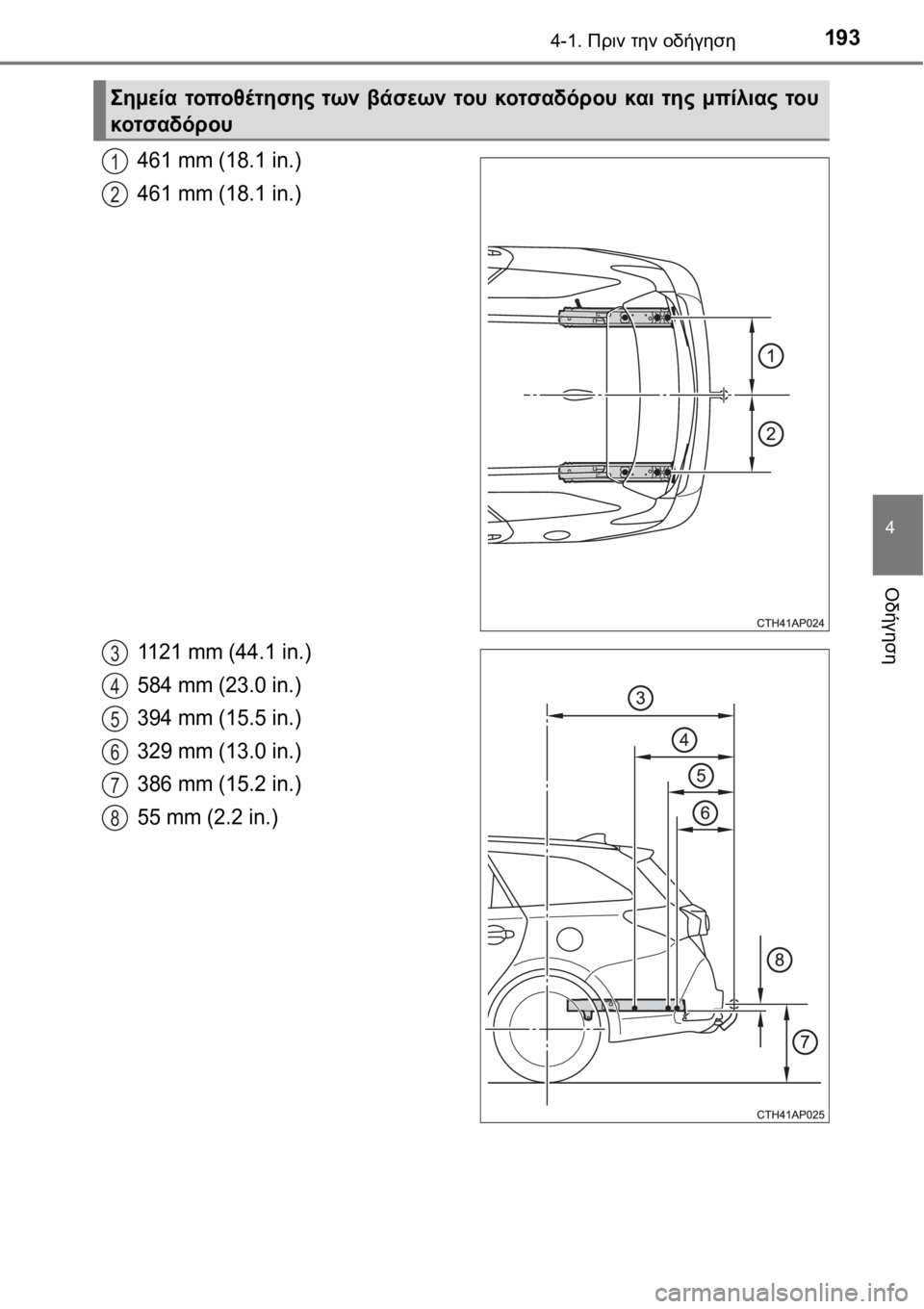 TOYOTA AURIS 2016  ΟΔΗΓΌΣ ΧΡΉΣΗΣ (in Greek) 1934-1. Πριν την οδήγηση
4
Οδήγηση
461 mm (18.1 in.)
461 mm (18.1 in.)
1121 mm (44.1 in.)
584 mm (23.0 in.)
394 mm (15.5 in.)
329 mm (13.0 in.)
386 mm (15.2 in.)
55 mm (2.2 in.)
