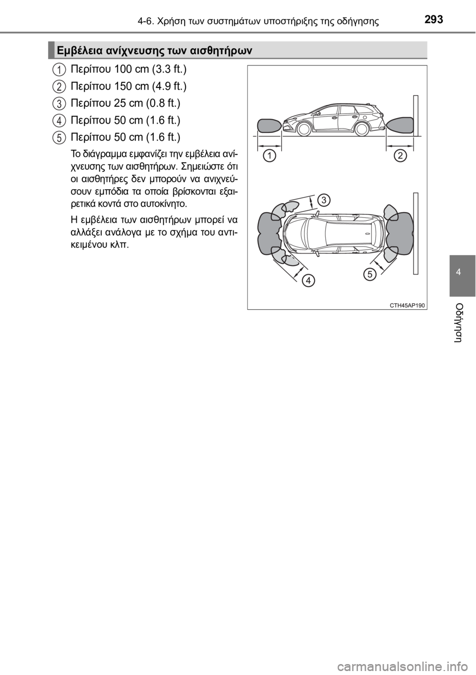 TOYOTA AURIS 2016  ΟΔΗΓΌΣ ΧΡΉΣΗΣ (in Greek) 2934-6. Χρήση των συστημάτων υποστήριξης της οδήγησης
4
Οδήγηση
Περίπου 100 cm (3.3 ft.)
Περίπου 150 cm (4.9 ft.)
Περίπου 25 cm (0.8