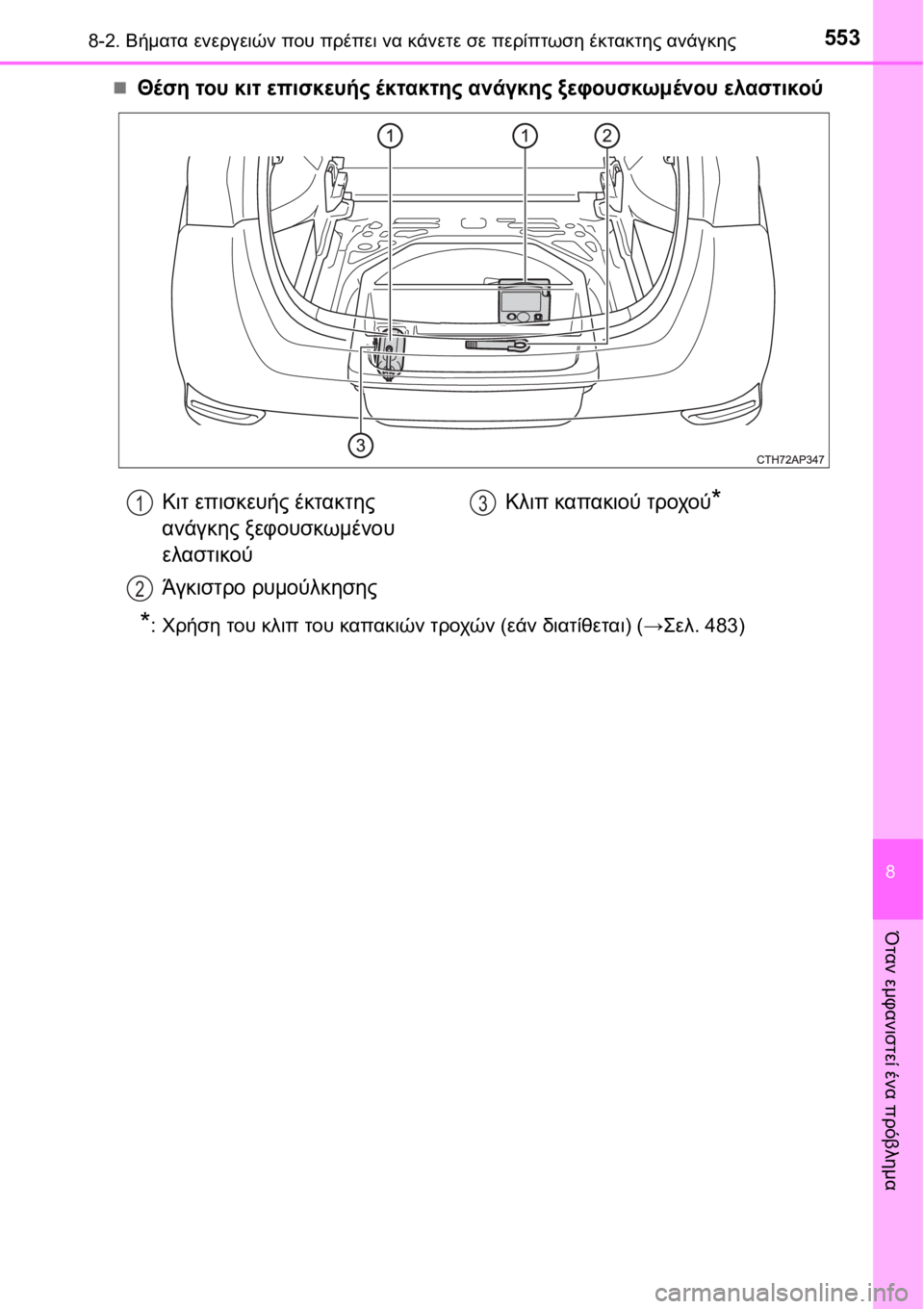 TOYOTA AURIS 2016  ΟΔΗΓΌΣ ΧΡΉΣΗΣ (in Greek) 5538-2. Βήματα ενεργειών που πρέπει να κάνετε σε περίπτωση έκτακτης ανάγκης
8
Όταν εμφανιστεί ένα πρόβλημα
Θέσ