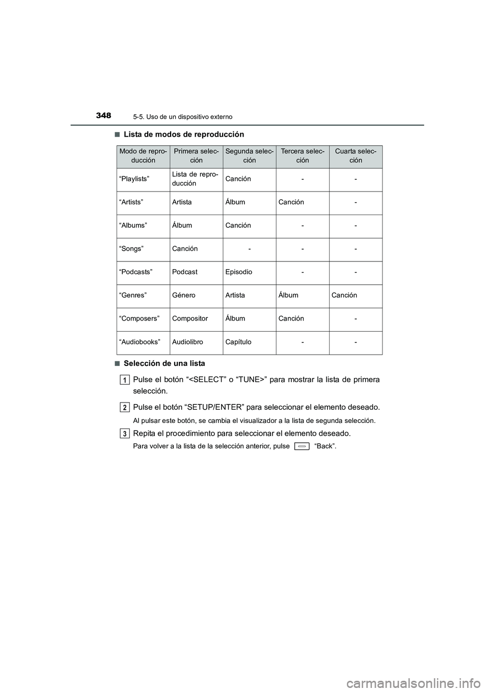 TOYOTA AURIS 2016  Manuale de Empleo (in Spanish) 3485-5. Uso de un dispositivo externo
UK_AURIS_Touring_Sport_ES (OM12J34S)■
Lista de modos de reproducción
■Selección de una lista
Pulse el botón “<SELECT” o “TUNE>” para mostrar la lis