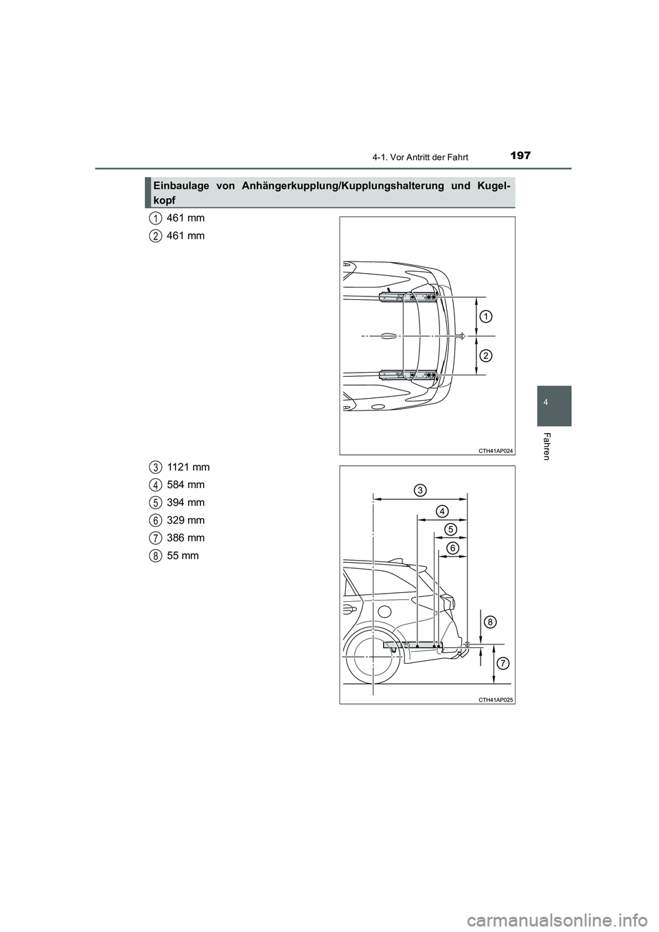TOYOTA AURIS 2016  Betriebsanleitungen (in German) 1974-1. Vor Antritt der Fahrt
4
Fahren
UK_AURIS_Touring_Sport_EM (OM12J33M)
461 mm
461 mm
1121 mm
584 mm
394 mm
329 mm
386 mm
55 mm
Einbaulage von Anhängerkupplung/Kupplungshalterung und Kugel-
kopf
