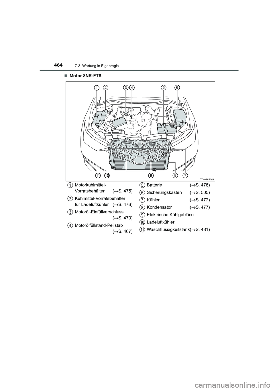 TOYOTA AURIS 2016  Betriebsanleitungen (in German) 4647-3. Wartung in Eigenregie
UK_AURIS_Touring_Sport_EM (OM12J33M)■
Motor 8NR-FTS
Motorkühlmittel-
Vorratsbehälter (→S. 475)
Kühlmittel-Vorratsbehälter 
für Ladeluftkühler (→S. 476)
Motor