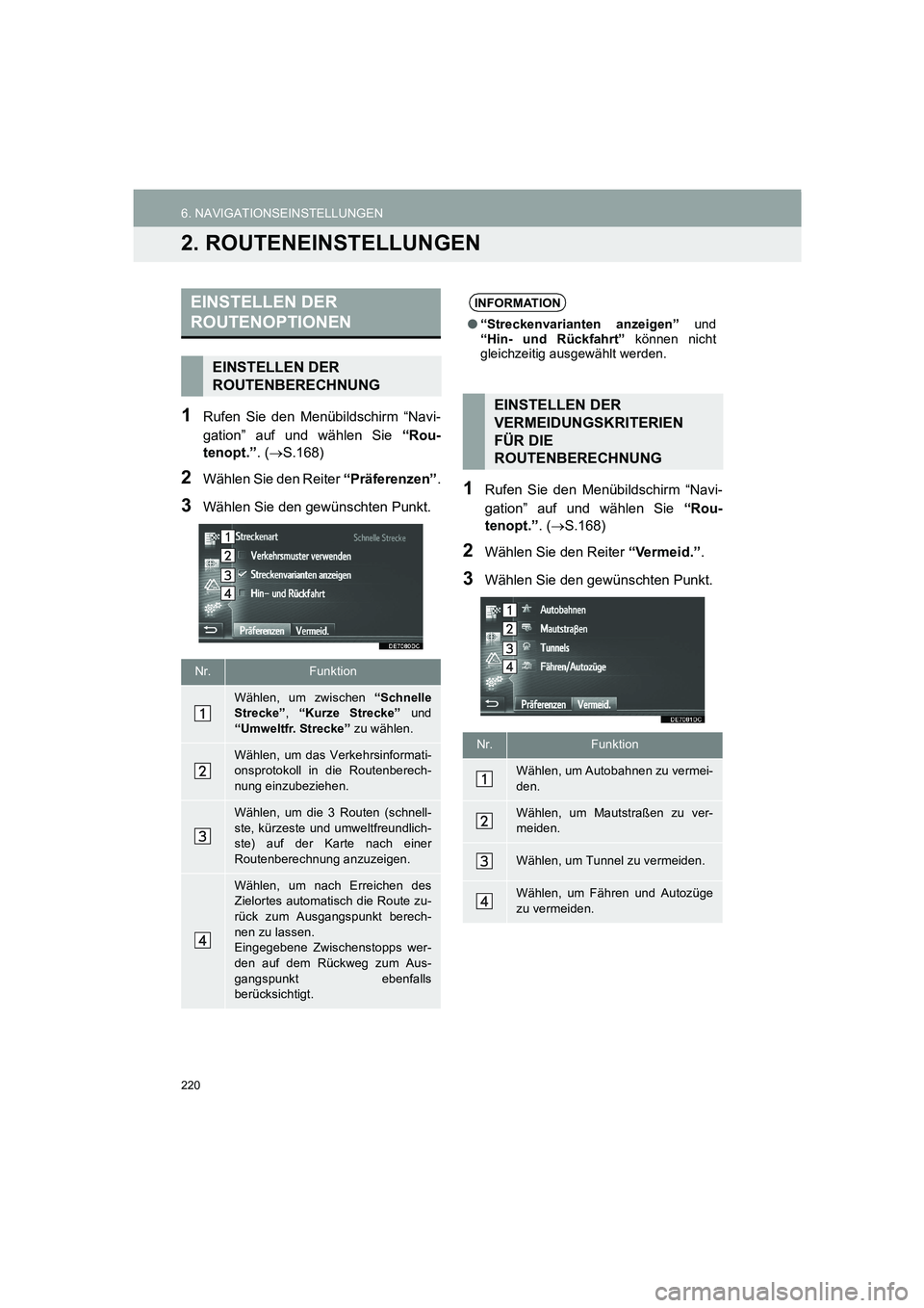 TOYOTA AURIS 2014 Betriebsanleitungen (in German) 220
6. NAVIGATIONSEINSTELLUNGEN
COROLLA_14CY_Navi_EM
2. ROUTENEINSTELLUNGEN
1Rufen Sie den Menübildschirm “Navi-
gation” auf und wählen Sie “Rou-
tenopt.”. (→S.168)
2Wählen Sie den Reiter TOYOTA AURIS 2014 Betriebsanleitungen (in German) 220
6. NAVIGATIONSEINSTELLUNGEN
COROLLA_14CY_Navi_EM
2. ROUTENEINSTELLUNGEN
1Rufen Sie den Menübildschirm “Navi-
gation” auf und wählen Sie “Rou-
tenopt.”. (→S.168)
2Wählen Sie den Reiter