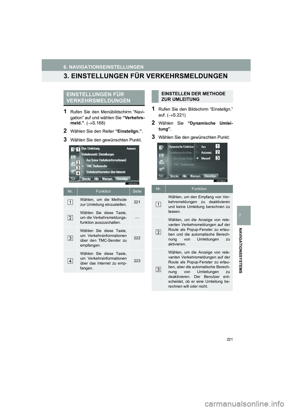 TOYOTA AURIS 2014 Betriebsanleitungen (in German) 221
6. NAVIGATIONSEINSTELLUNGEN
COROLLA_14CY_Navi_EM
7
NAVIGATIONSSYSTEMS
3. EINSTELLUNGEN FÜR VERKEHRSMELDUNGEN
1Rufen Sie den Menübildschirm “Navi-
gation” auf und wählen Sie “Verkehrs-
mel TOYOTA AURIS 2014 Betriebsanleitungen (in German) 221
6. NAVIGATIONSEINSTELLUNGEN
COROLLA_14CY_Navi_EM
7
NAVIGATIONSSYSTEMS
3. EINSTELLUNGEN FÜR VERKEHRSMELDUNGEN
1Rufen Sie den Menübildschirm “Navi-
gation” auf und wählen Sie “Verkehrs-
mel