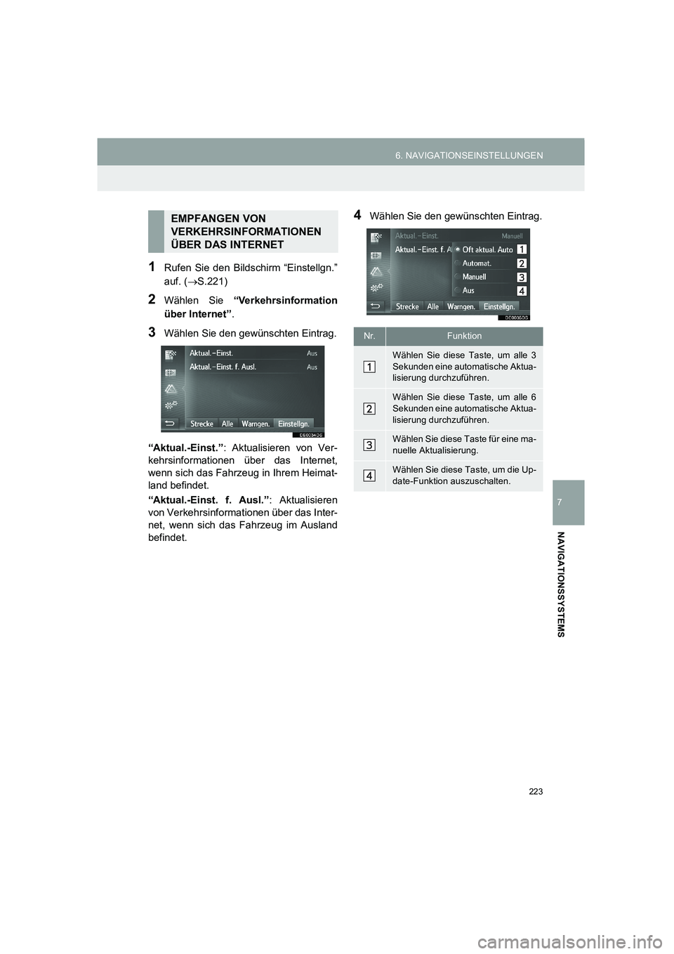 TOYOTA AURIS 2014  Betriebsanleitungen (in German) 223
6. NAVIGATIONSEINSTELLUNGEN
COROLLA_14CY_Navi_EM
7
NAVIGATIONSSYSTEMS
1Rufen Sie den Bildschirm “Einstellgn.”
auf. (→S.221)
2Wählen Sie “Verkehrsinformation
über Internet”.
3Wählen Si