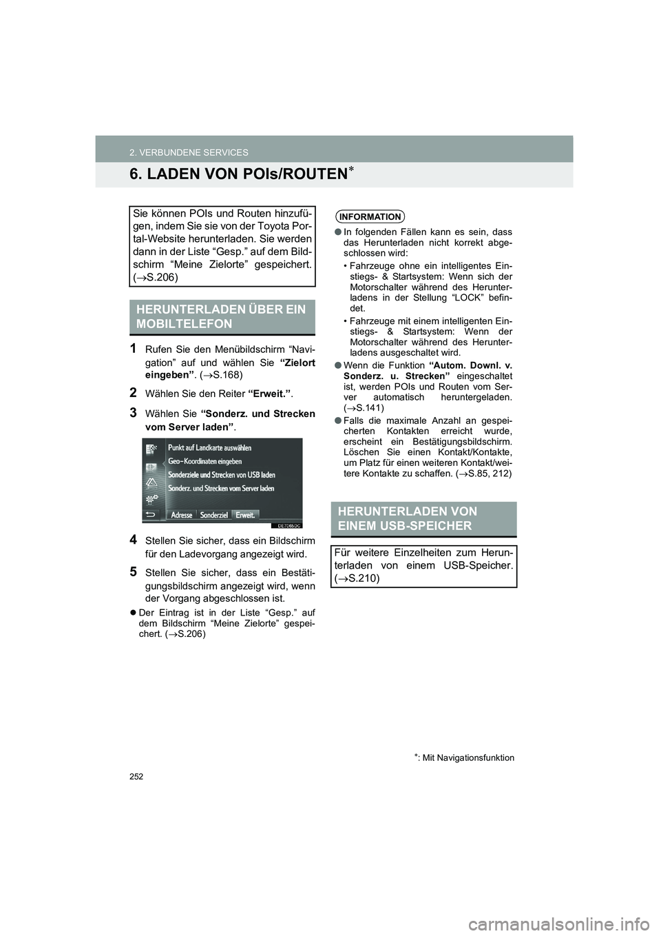TOYOTA AURIS 2014  Betriebsanleitungen (in German) 252
2. VERBUNDENE SERVICES
COROLLA_14CY_Navi_EM
6. LADEN VON POIs/ROUTEN∗
1Rufen Sie den Menübildschirm “Navi-
gation” auf und wählen Sie “Zielort
eingeben”. (→S.168)
2Wählen Sie den Re