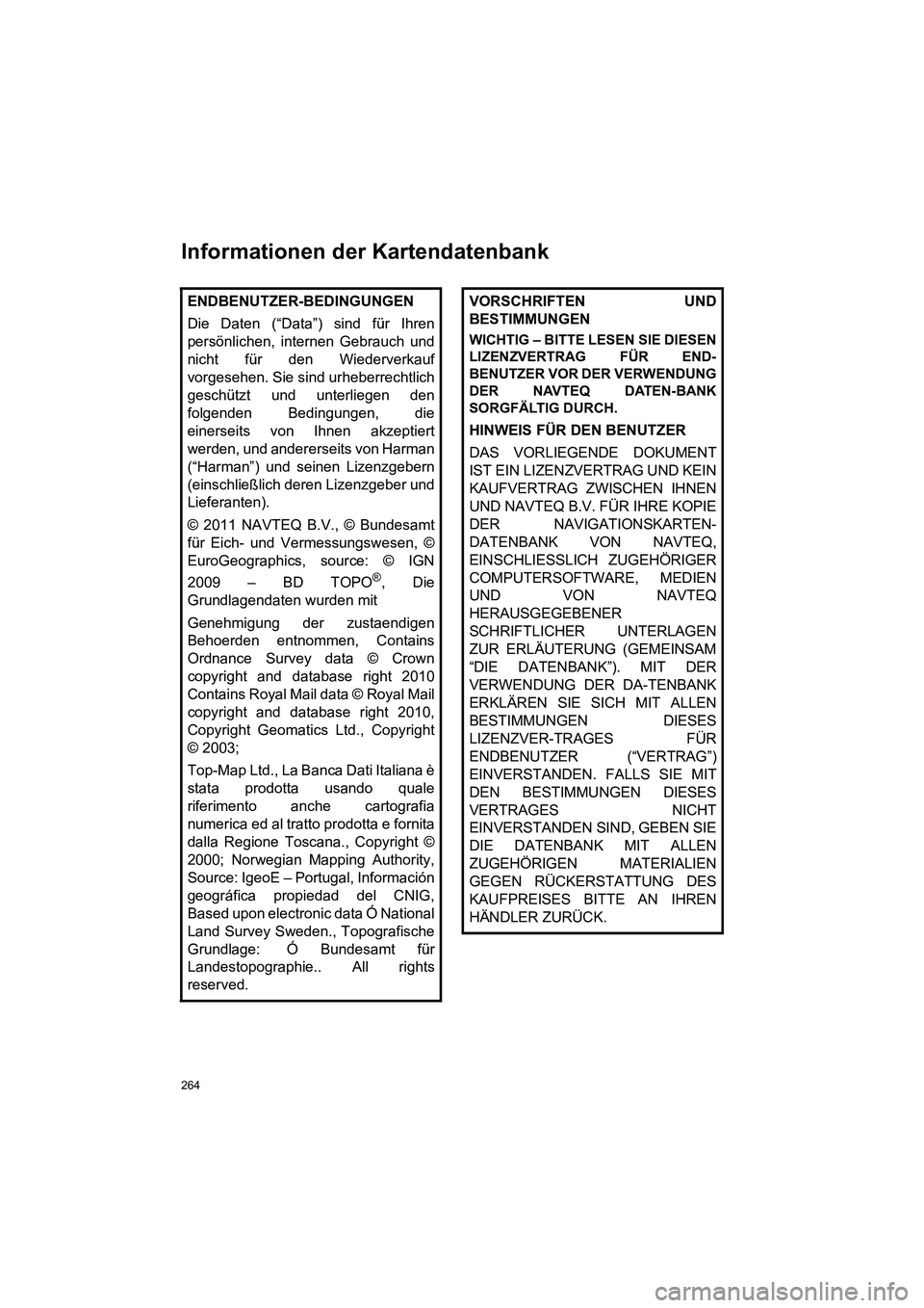 TOYOTA AURIS 2014 Betriebsanleitungen (in German) 264
COROLLA_14CY_Navi_EM
Informationen der Kartendatenbank
ENDBENUTZER-BEDINGUNGEN
Die Daten (“Data”) sind für Ihren
persönlichen, internen Gebrauch und
nicht für den Wiederverkauf
vorgesehen. TOYOTA AURIS 2014 Betriebsanleitungen (in German) 264
COROLLA_14CY_Navi_EM
Informationen der Kartendatenbank
ENDBENUTZER-BEDINGUNGEN
Die Daten (“Data”) sind für Ihren
persönlichen, internen Gebrauch und
nicht für den Wiederverkauf
vorgesehen.