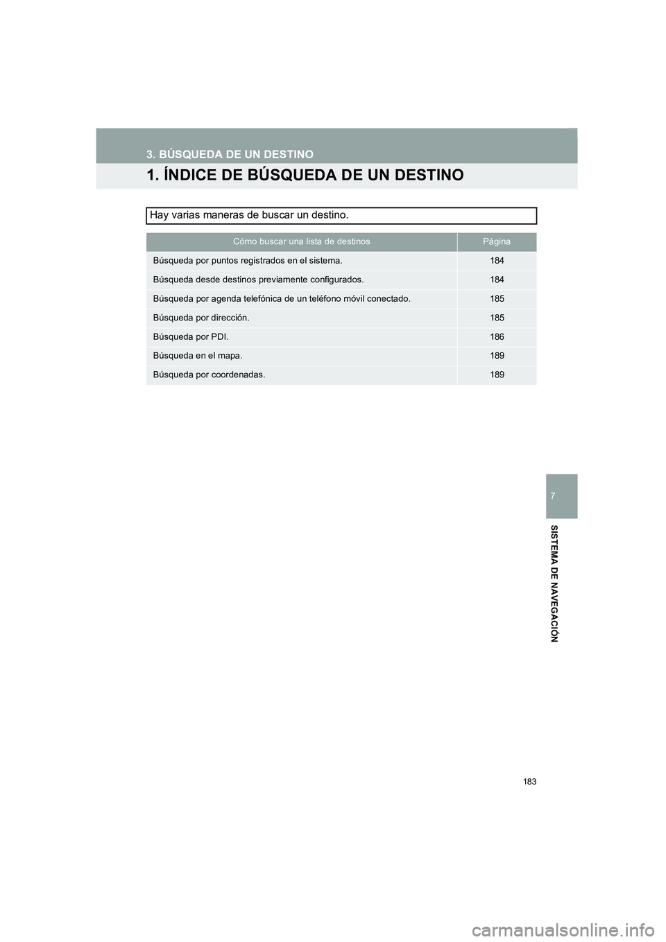 TOYOTA AURIS 2014  Manuale de Empleo (in Spanish) 183
COROLLA_14CY_Navi_ES
7
SISTEMA DE NAVEGACIÓN
3. BÚSQUEDA DE UN DESTINO
1. ÍNDICE DE BÚSQUEDA DE UN DESTINO
Hay varias maneras de buscar un destino.
Cómo buscar una lista de destinosPágina
B