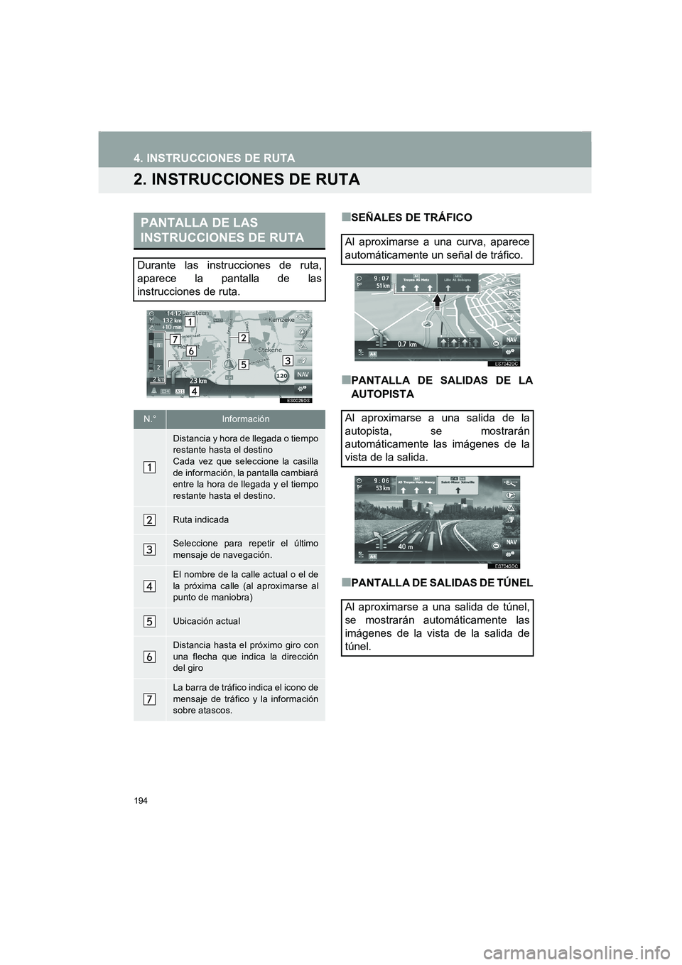 TOYOTA AURIS 2014  Manuale de Empleo (in Spanish) 194
4. INSTRUCCIONES DE RUTA
COROLLA_14CY_Navi_ES
2. INSTRUCCIONES DE RUTA 
■SEÑALES DE TRÁFICO 
■PANTALLA DE SALIDAS DE LA
AUTOPISTA
■PANTALLA DE SALIDAS DE TÚNEL
PANTALLA DE LAS 
INSTRUCCIO