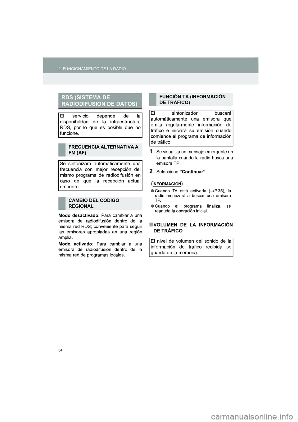 TOYOTA AURIS 2014 Manuale de Empleo (in Spanish) 34
2. FUNCIONAMIENTO DE LA RADIO
COROLLA_14CY_Navi_ES
Modo desactivado: Para cambiar a una
emisora de radiodifusión dentro de la
misma red RDS; conveniente para seguir
las emisoras apropiadas en una TOYOTA AURIS 2014 Manuale de Empleo (in Spanish) 34
2. FUNCIONAMIENTO DE LA RADIO
COROLLA_14CY_Navi_ES
Modo desactivado: Para cambiar a una
emisora de radiodifusión dentro de la
misma red RDS; conveniente para seguir
las emisoras apropiadas en una