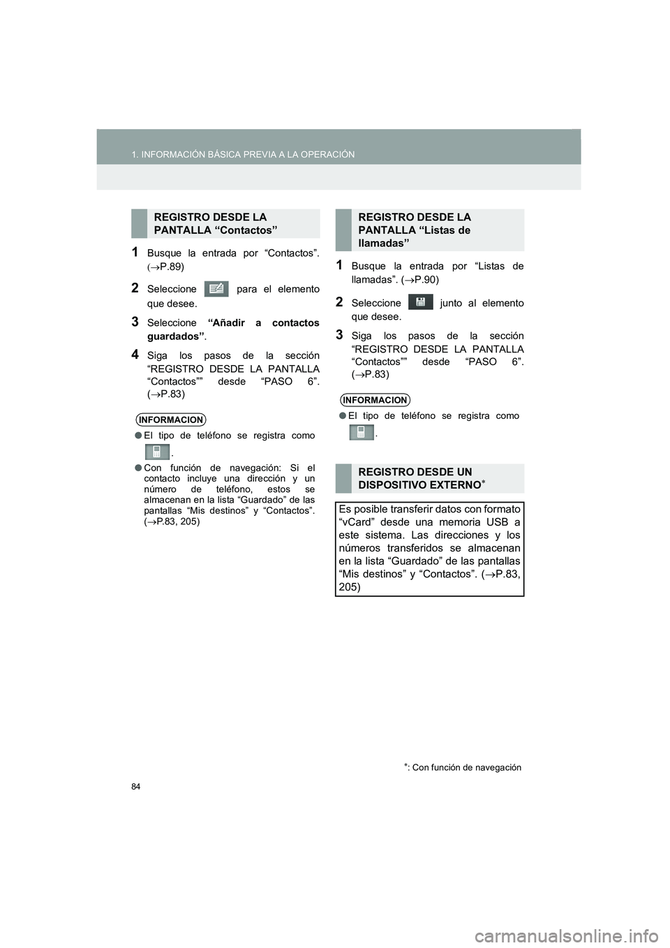 TOYOTA AURIS 2014  Manuale de Empleo (in Spanish) 84
1. INFORMACIÓN BÁSICA PREVIA A LA OPERACIÓN
COROLLA_14CY_Navi_ES
1Busque la entrada por “Contactos”.
(→P.89)
2Seleccione   para el elemento
que desee.
3Seleccione “Añadir a contactos
gu
