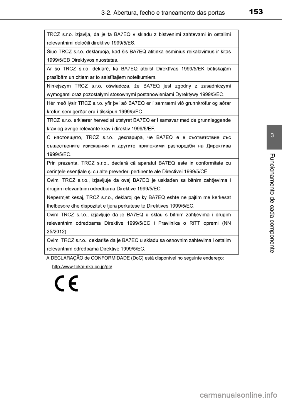 TOYOTA AURIS 2017  Manual de utilização (in Portuguese) 1533-2. Abertura, fecho e trancamento das portas
3
Funcionamento de cada componente
A DECLARAÇÃO de CONFORMIDADE (DoC) está disponível no seguinte endereço:
http:/www-tokai-rika.co.jp/pc/ 