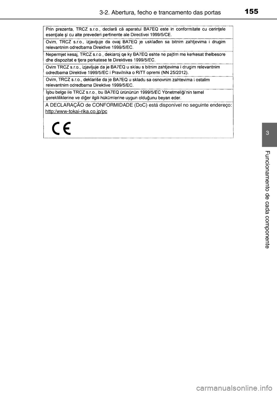 TOYOTA AURIS 2017  Manual de utilização (in Portuguese) 1553-2. Abertura, fecho e trancamento das portas
3
Funcionamento de cada componente
A DECLARAÇÃO de CONFORMIDADE (DoC) está disponível no seguinte endereço:
http:/www-tokai-rika.co.jp/pc 
